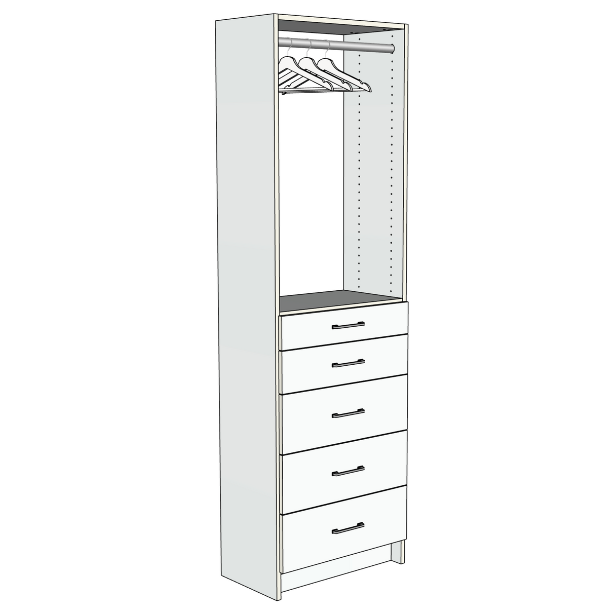 Custom Closet 5 Drawers Upper Hanging Rod - Left View