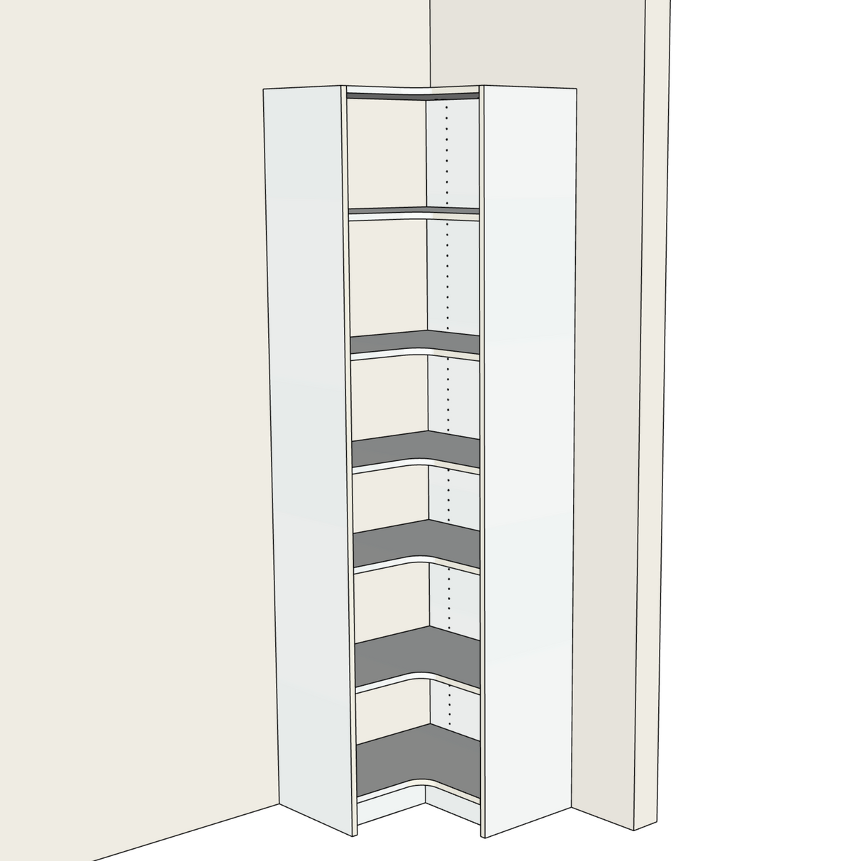 Custom Closet Corner Shelves - Front View with Walls